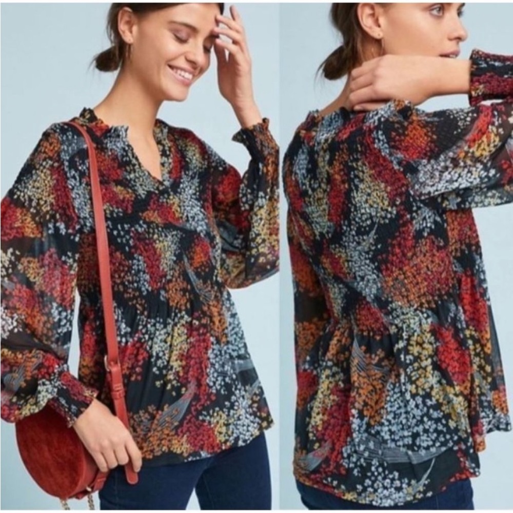 Akemi + Kin Anthropologie Adria Floral Smocked Long Sleeve Blouse Small